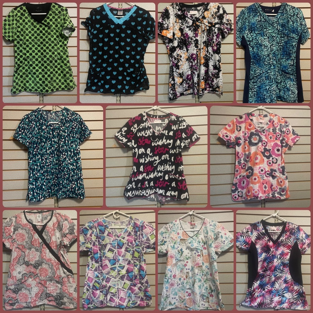Lot of 11 Womens Printed Scrub Tops V-Neck Medical Nursing Uniforms Medium bundl